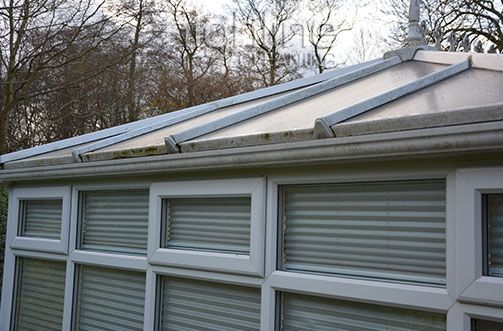 A green conservatory roof before cleaning